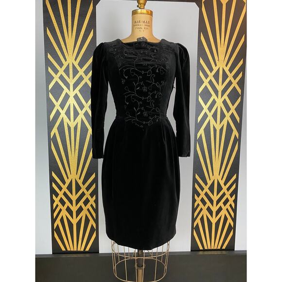 Laura Ashley Dresses & Skirts - 1980s black velvet embroidered Laura Ashley dress pleated puff shoulders 80s sm
